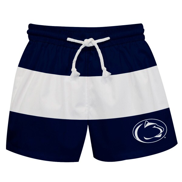toddler swim trunks navy and white stripes, Penn State Athletic Logo on left thigh